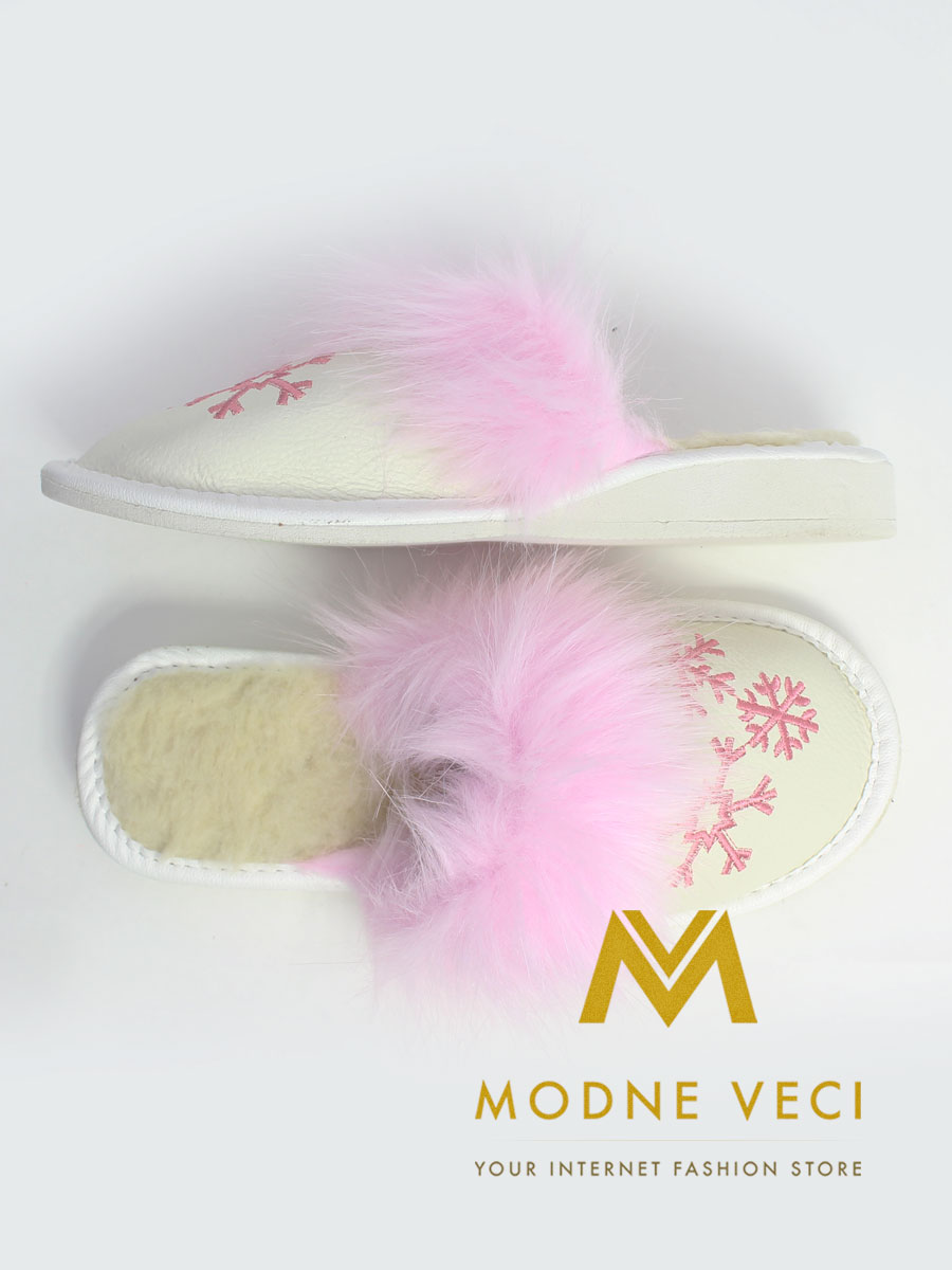 damskie skórzane kapcie biały z różowym płatkiem śniegu, wesoły, stylowy, piękny, ładny, do noszenia w domu, jako prezent dla mamy, siostry, córki na Boże Narodzenie, Walentynki, urodziny, imieniny, ocieplone, ciepłe ze wełną owczą, obuwie