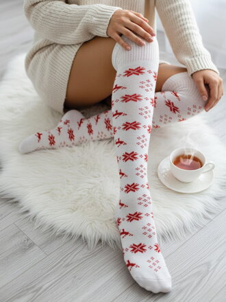 Pohodlné vánoční nadkolenky se vzorem WHITE se šňůrkou