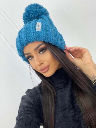 Dámská pletená modrá čepice s bambulí MISS