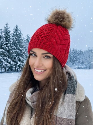 Dámská čepice s bambulí z pravé kožušiny Ania - červená