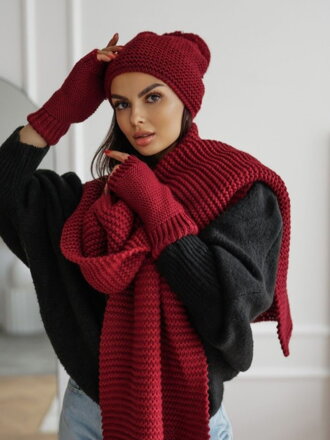 Pletený set čepice+ šála+ rukavice KPL21-21 burgundy