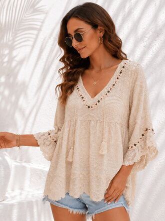 Boho letní halenka s krajkou a výšivkou béžová