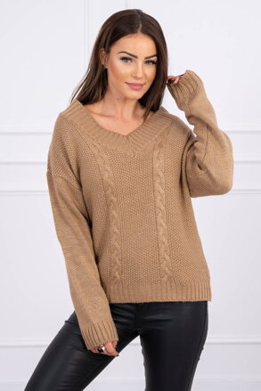Pletený pulovr s V výstřihem camel 2019-40
