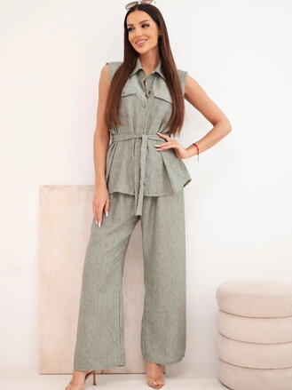 Dámský set s blůzou na vázání a širokými kalhotami IT125 khaki