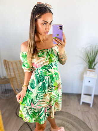 Letní květované šaty s volánovou sukýnkou zelené