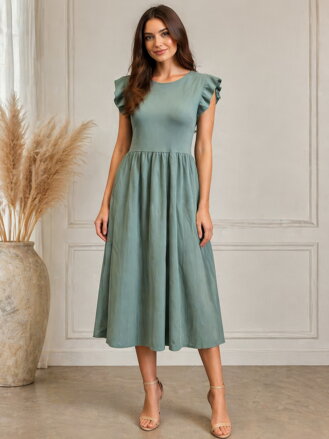 Dámské midi šaty v khaki barvě s volánovými rukávy