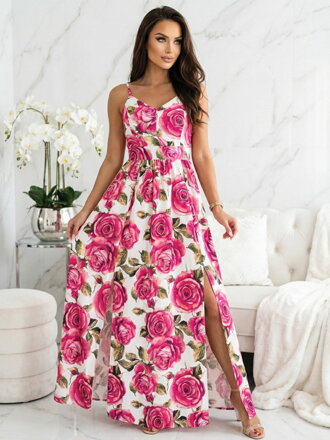 Dlouhé dámské šaty s růžovými květinami 