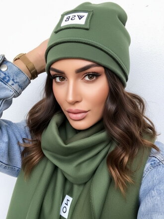Luxusní tepláková VSB set šála + čepice olivová 