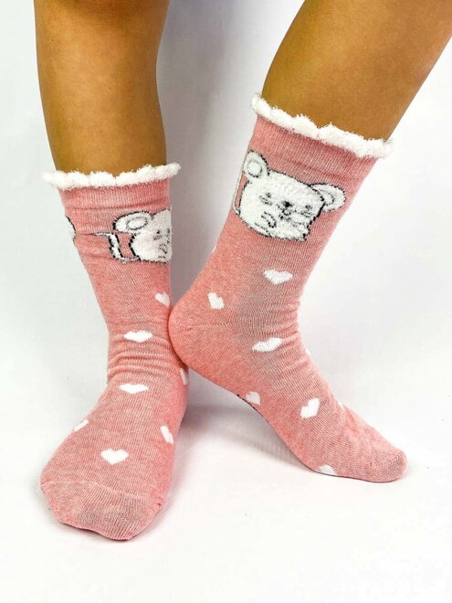 Veselé růžové dívčí ponožky s bílou myškou