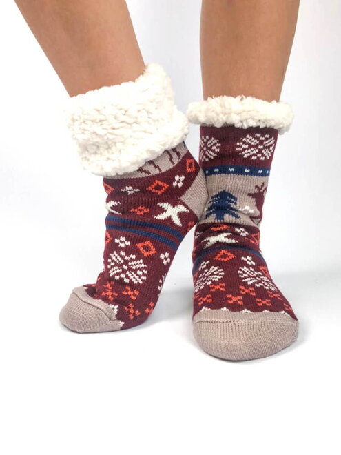Dámské vánoční ponožky sobík+stromeček bordó