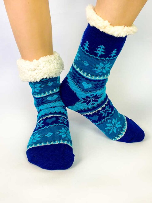 Dámské kvítkované vlněné ponožky EJ-226B modré