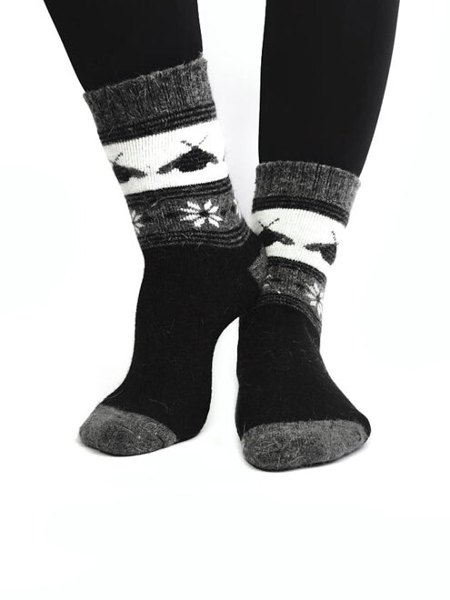 Dámské vlněné ANGORA ponožky černo-šedé včelky