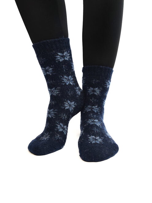 Vlněné termo dámské ponožky v tmavě modré barvě s bílými vločkami