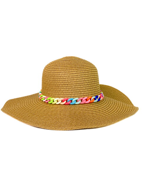 Hnědý dámský klobouk s barevným řetízkem B-50