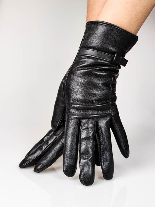 Dámské kožené rukavice v černé barvě s mašličkou