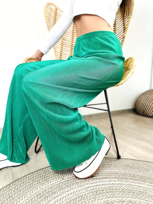 Dámské zelené pohodlné vroubkované kalhoty