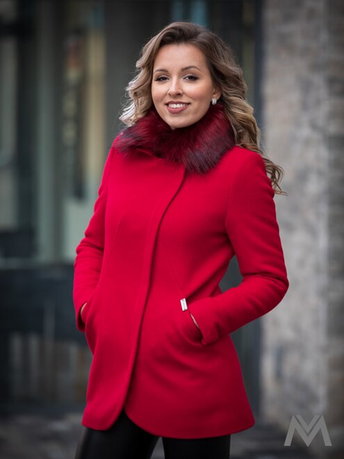 Dámský elegantní kabát s kožušinkou DEYSI - červený