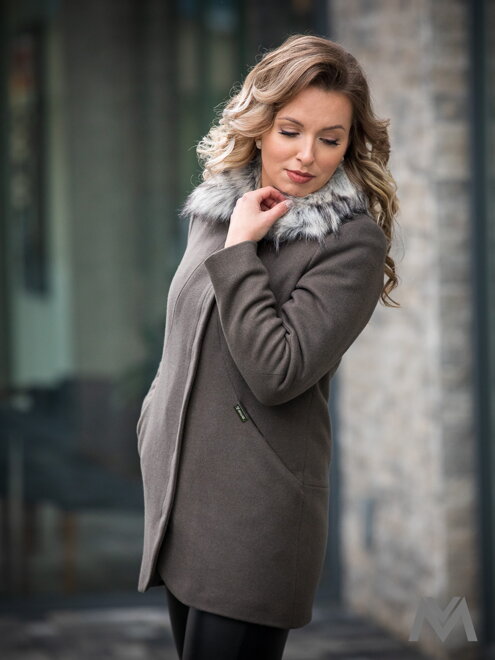 Luxusní dámský kabát s kožušinkou DEYSI - tmavě olivový