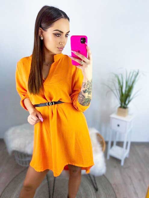 Oranžové letní košilové šaty s páskem
