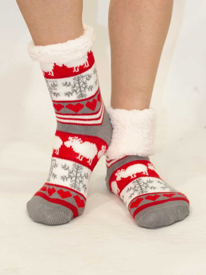 Dámské termo ponožky - vzor los + vločka 4 červeno-šedé