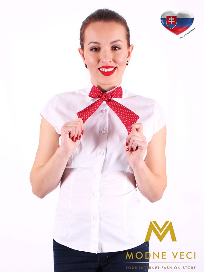 Bílá dámská košile s mašlí Slim Fit VS-DK1721 - červená s tečkami