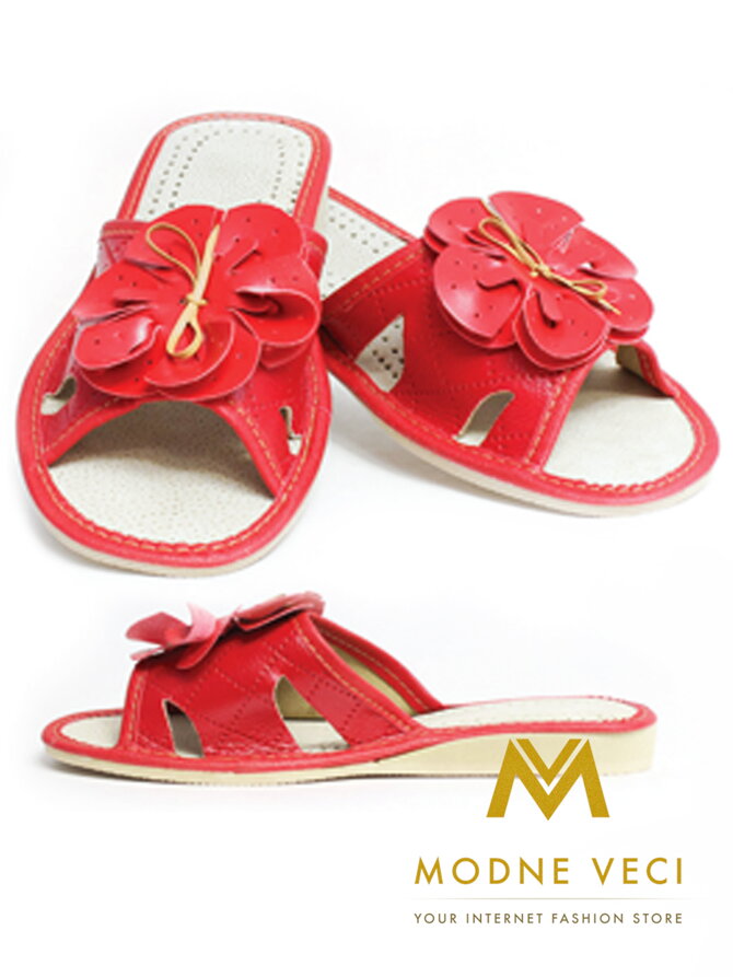 Dámské kožené papuče-model 57 červený květ