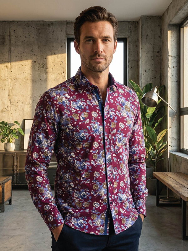 Pánská košile 3338/V8 bordó s květem