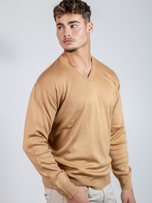 Pánský elegantní svetr N20 camel s výstřihem do V Pánský elegantní svetr N20 camel s výstřihem do V