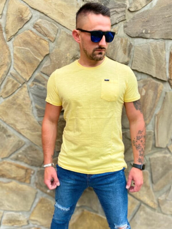 Pánské tričko krátký rukáv s ozdobnou kapsou žluté