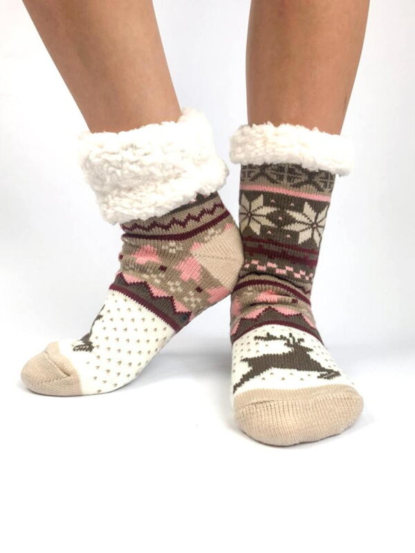 Dámské vánoční ponožky sobík+vločka krémové