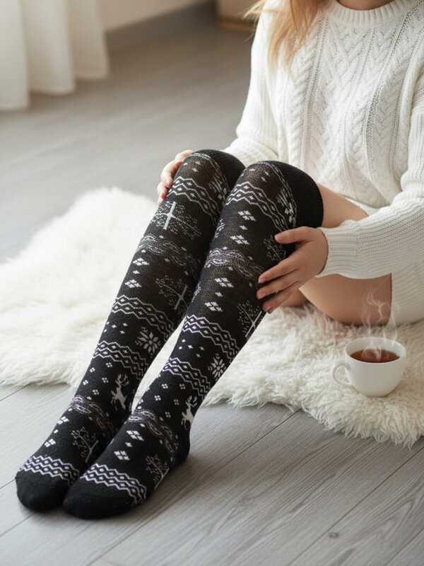 Dámské nadkolenky s norským vzorem BLACK