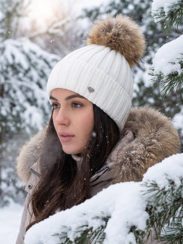Nádherná dámská čepice s bambulí Andrea - sněhově bílá