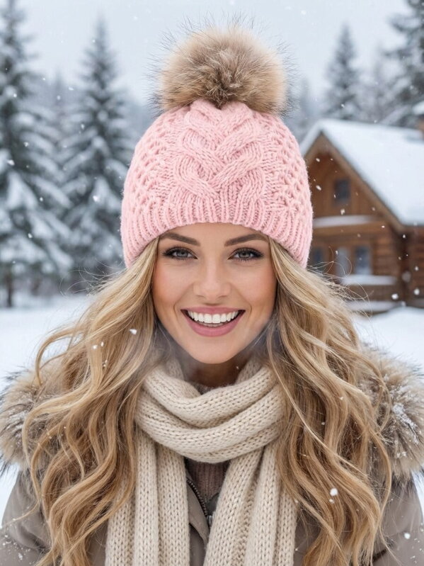 Dámská čepice s bambulí z pravé kožušiny Ania - růžová