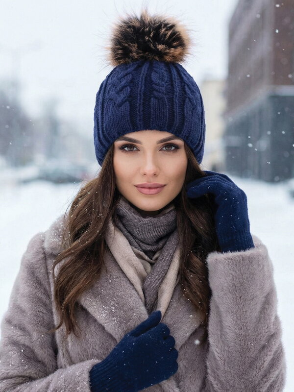 Dámská čepice s bambulí z pravé kožešiny Pola - tmavě-modrá