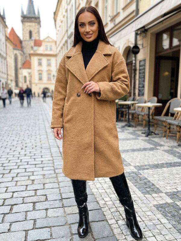 Elegantní kabát s balónovými rukávy hnědý