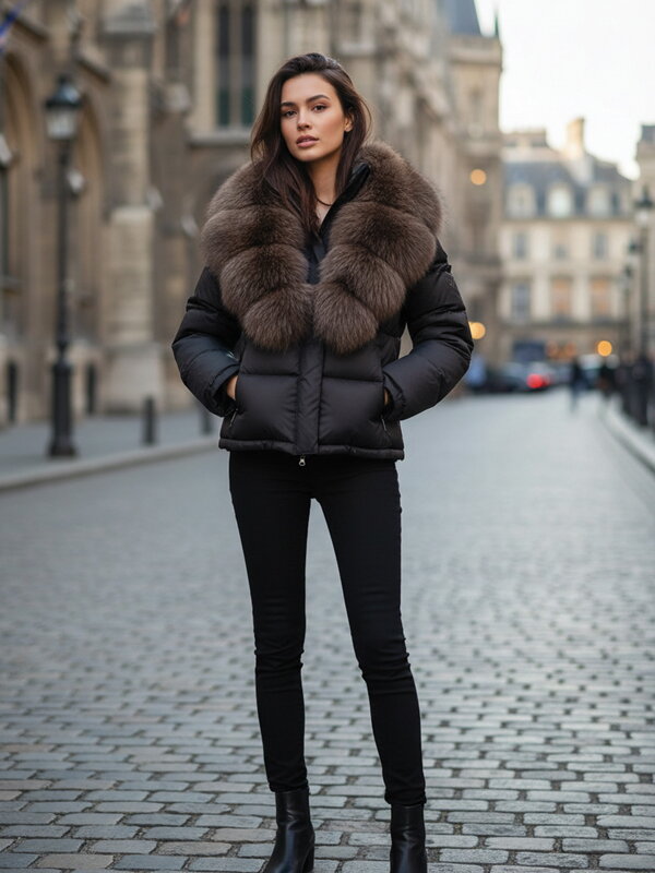 Dámská černá prošívaná zimní bunda s pravou kožešinou
