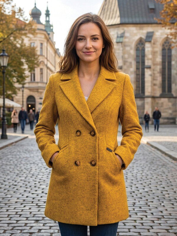 Zimní dámský nebo dívčí kabát pod zadek LEA - hořčicový