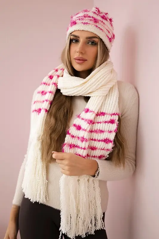 Dámský set čepice + šál K304 ecru + fuchsia
