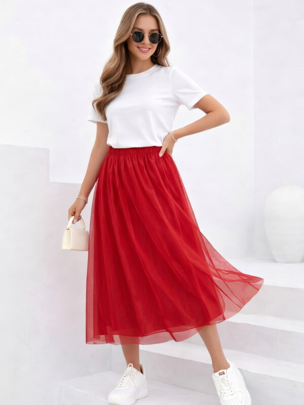 Dámská tylová červená sukně s podšívkou