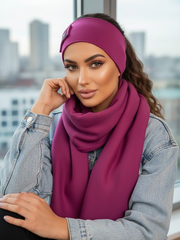 Luxusní tepláková VSB set šála + čelenka švestková