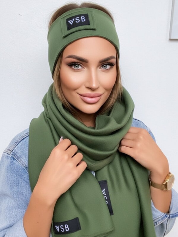 Luxusní teplákový VSB set šála + čelenka olivová s černou