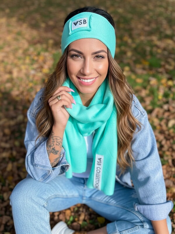 Luxusní teplákový VSB set šála + čelenka mentolová