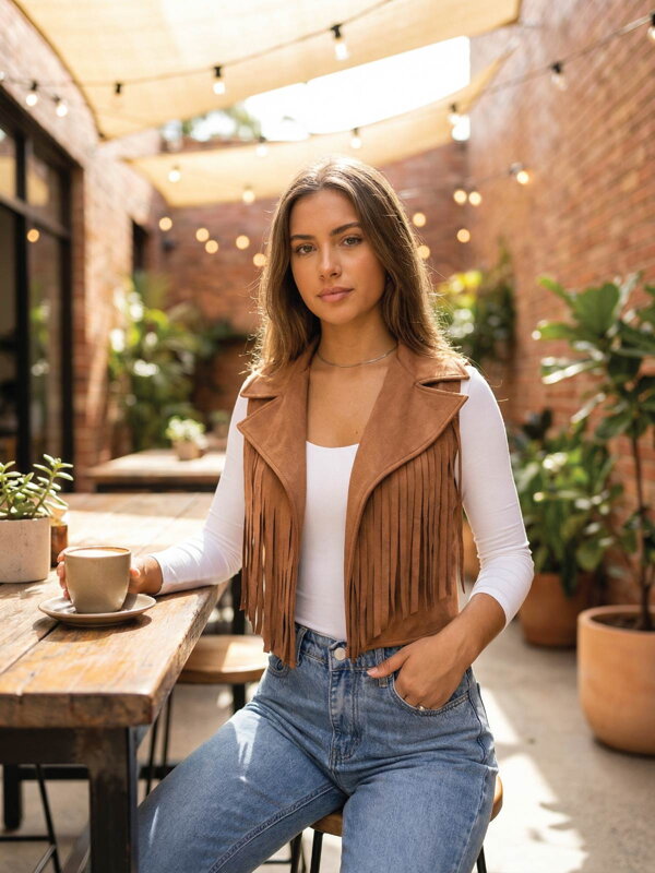 Dámská semišová vesta s třásněmi