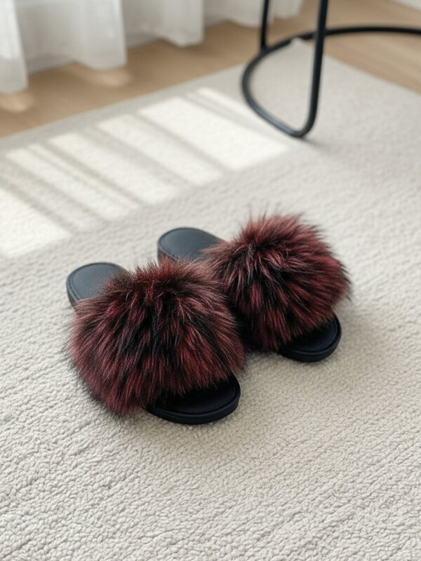 Dámské huňaté papuče s kožíškem Model 24 černo-červené