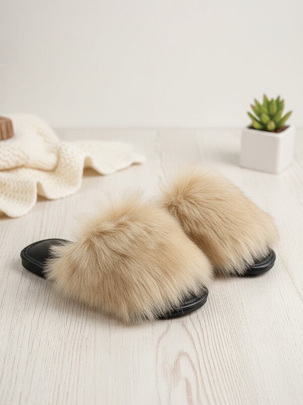 Dámské huňaté papuče s kožíškem světle-hnědé